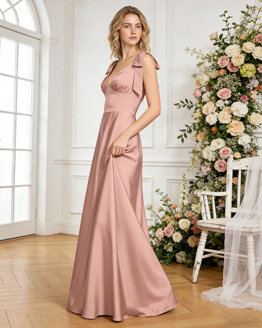 V-neck bow strap satin bridesmaid dress with empire waist - image 2