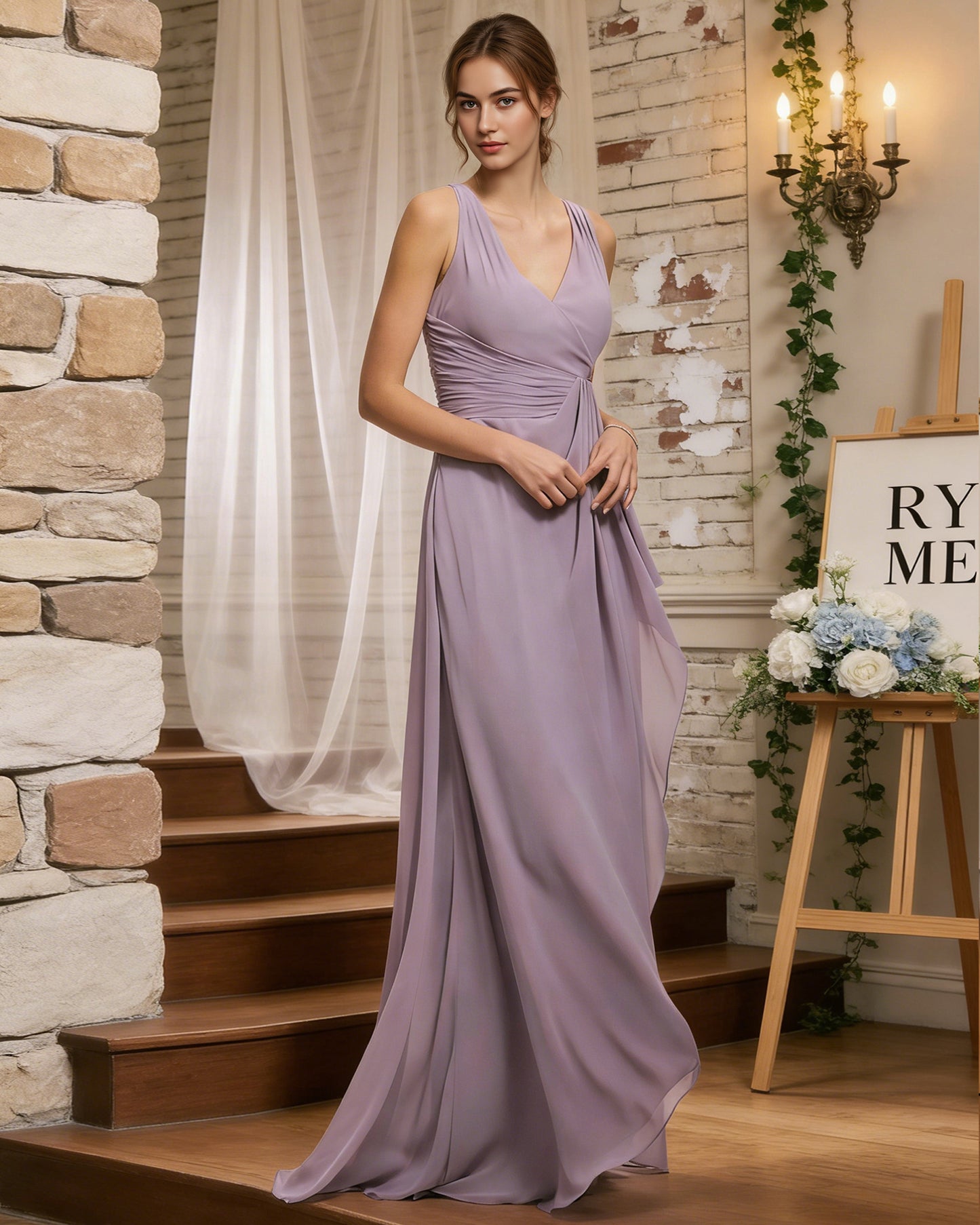 halter V-neck chiffon bridesmaid dress with draped sash waist - image 3