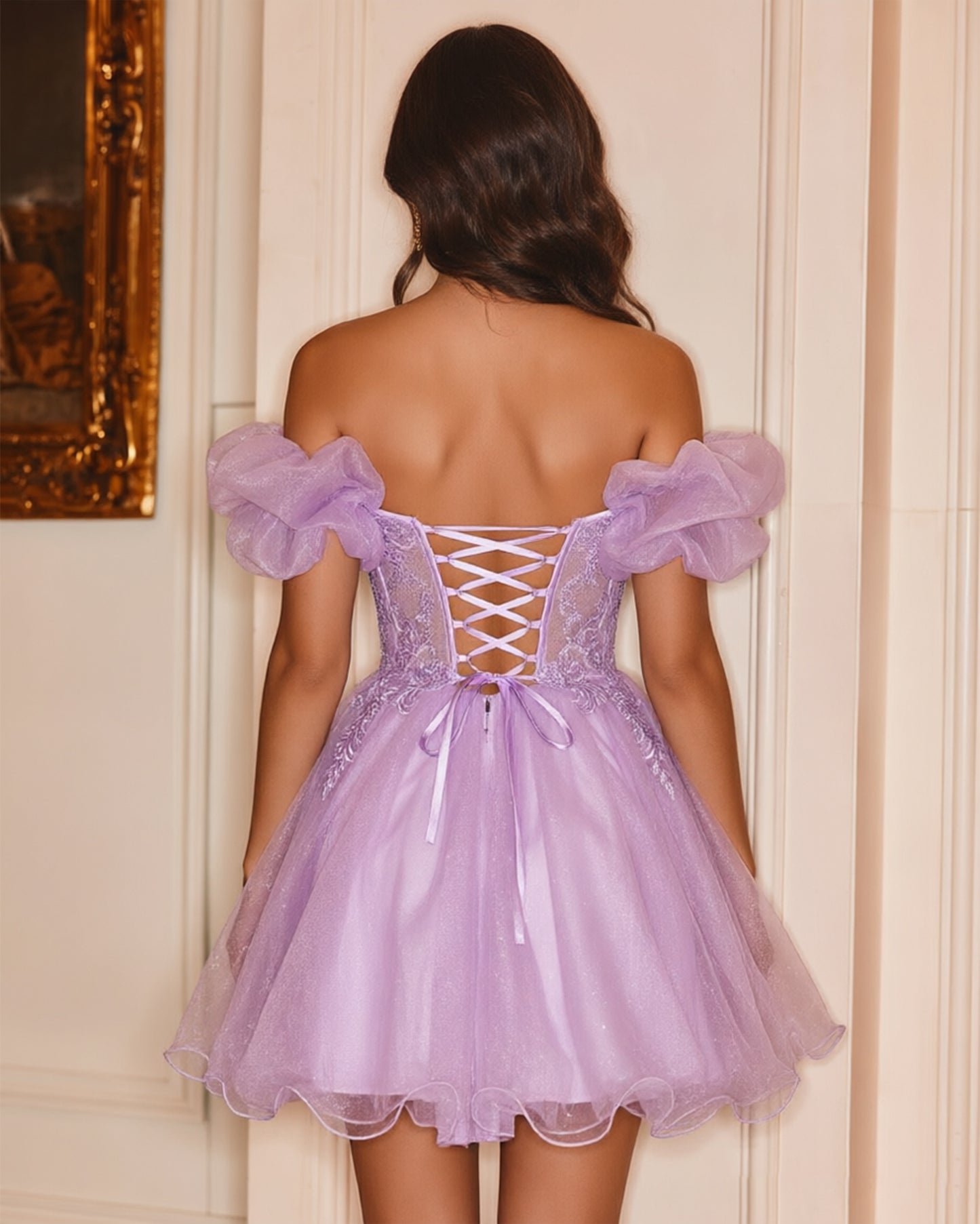 lilac off-shoulder sweetheart corset tulle short homecoming dress with puff sleeves - image 2