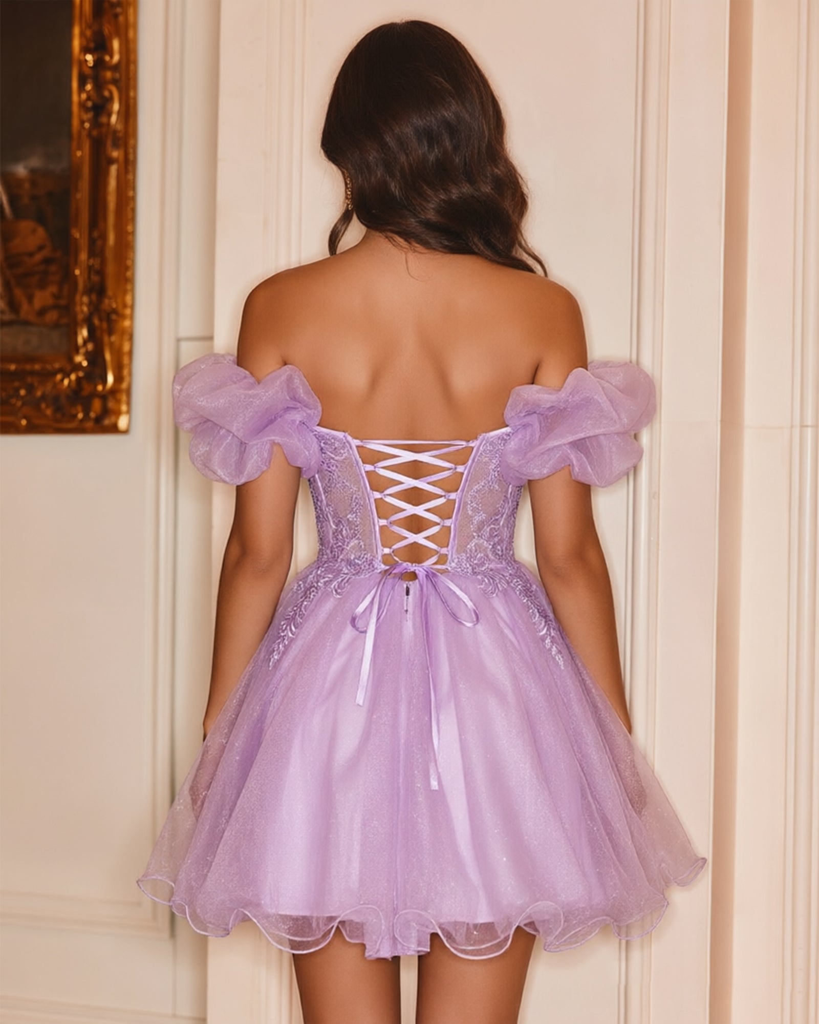 lilac off-shoulder sweetheart corset tulle short homecoming dress with puff sleeves - image 2