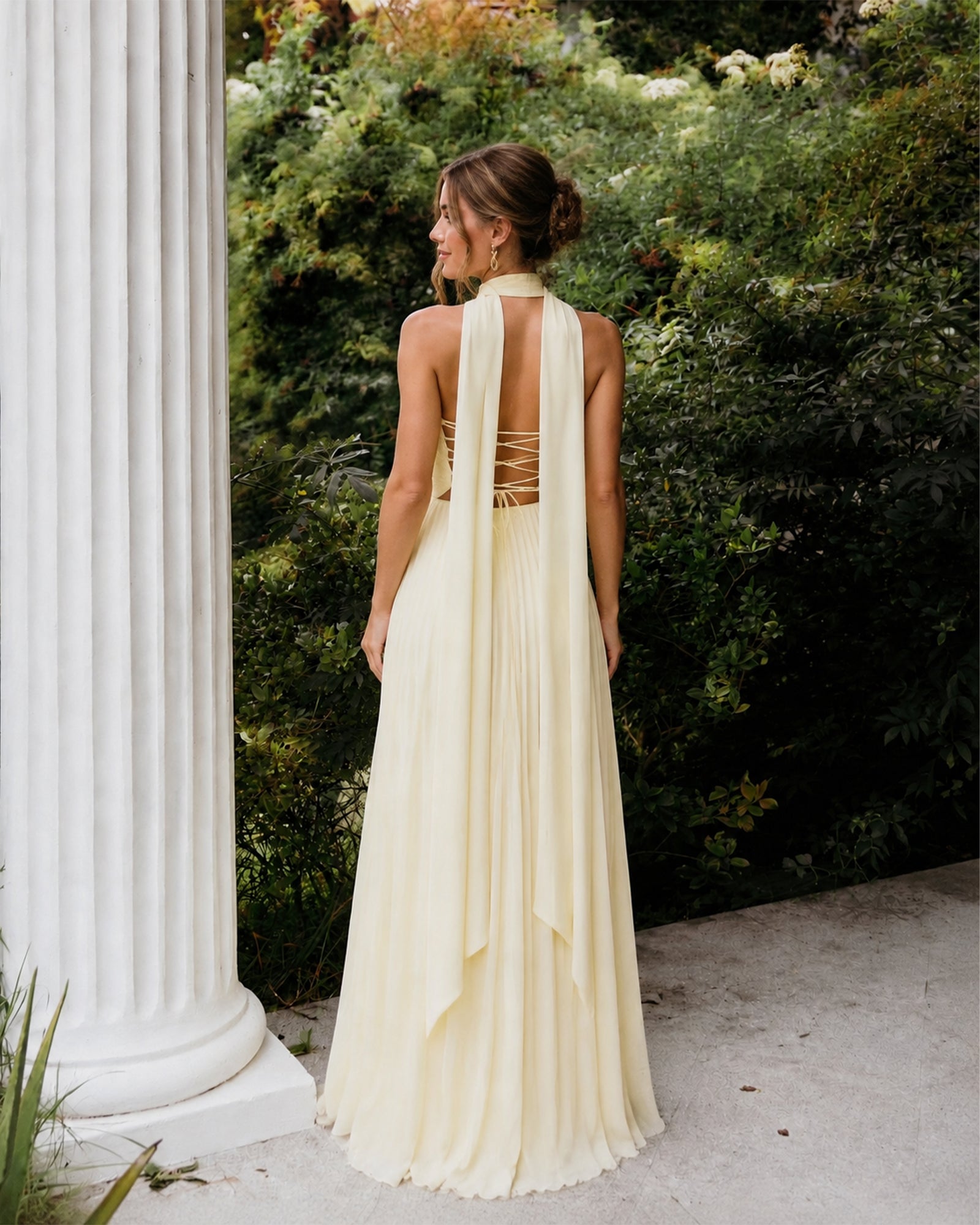 strapless chiffon a-line bridesmaid dress with neck scarf and lace-up back - lace-up open-back view