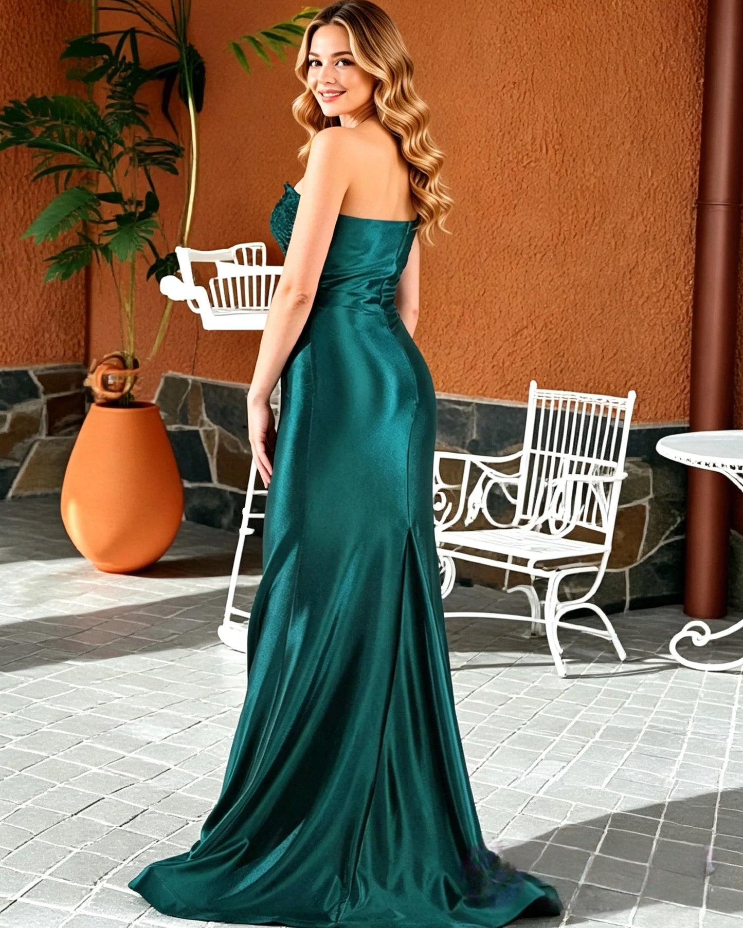 one-shoulder satin column prom dress with ruched waist and high slit - image 2