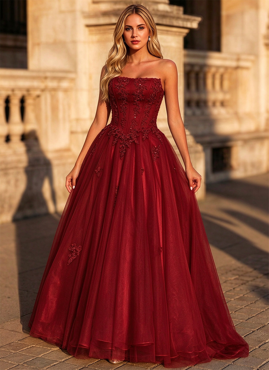 Strapless Corset Tulle Ball Gown Floral Lace Applique Prom Dress