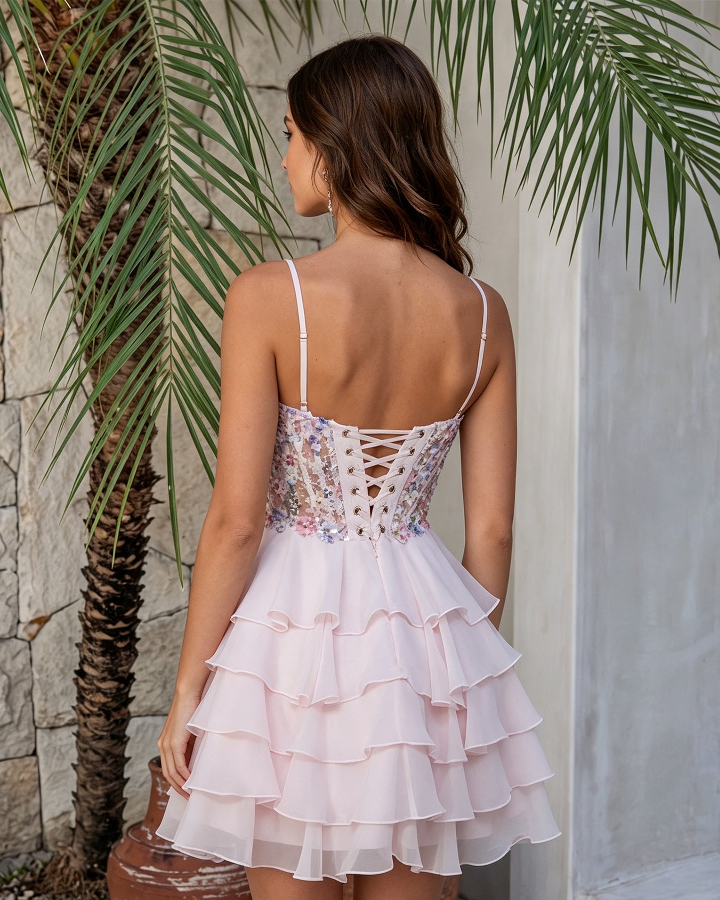 Spaghetti Strap Floral Embroidered Corset Ruffle Mini Homecoming Dress - back view