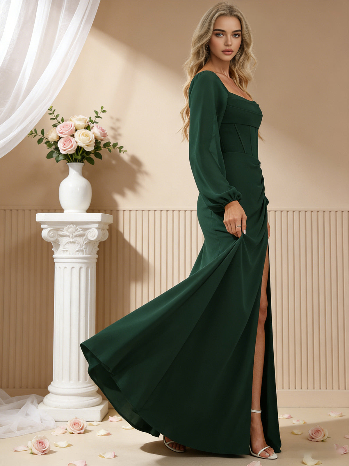 square neck long sleeve satin bridesmaid dress with side slit - image 2