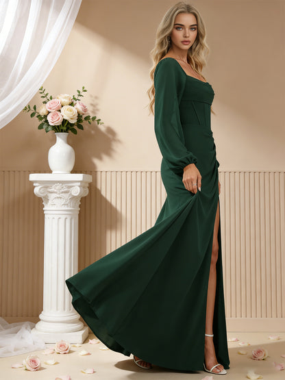 square neck long sleeve satin bridesmaid dress with side slit - image 2