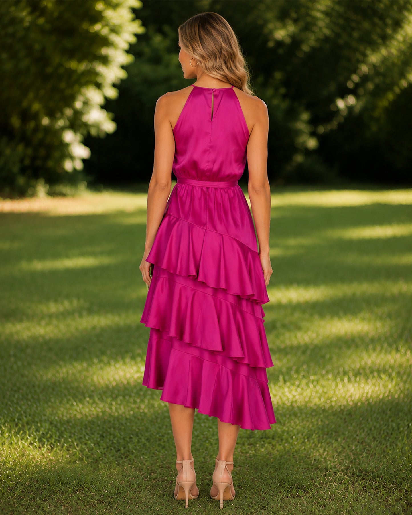 halter neck tiered ruffle midi bridesmaid dress with tie waist - back keyhole view