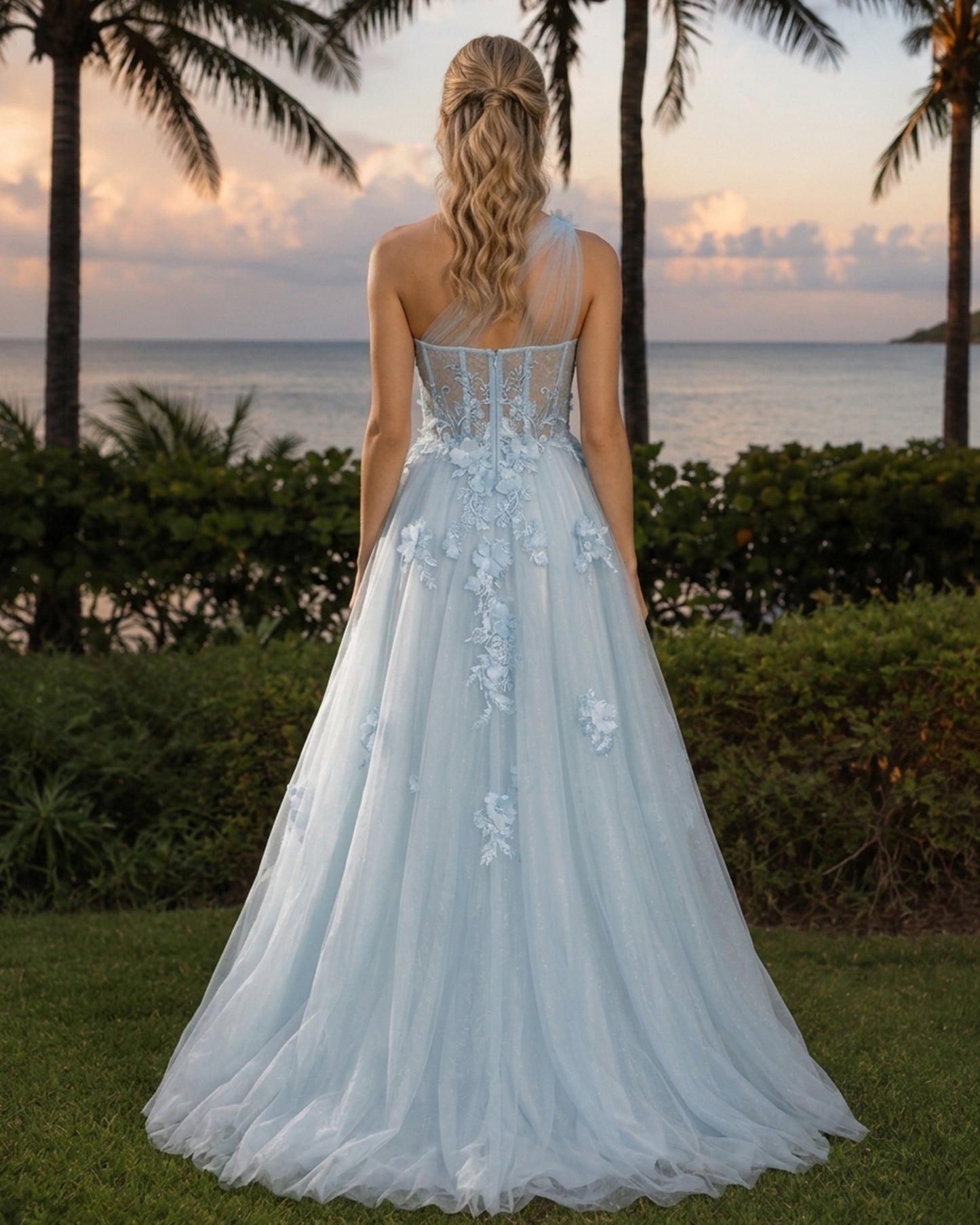one-shoulder floral applique tulle A-line prom dress with high slit - image 2