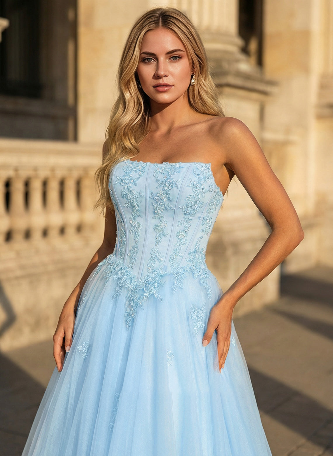Strapless Corset Tulle Ball Gown Floral Lace Applique Prom Dress