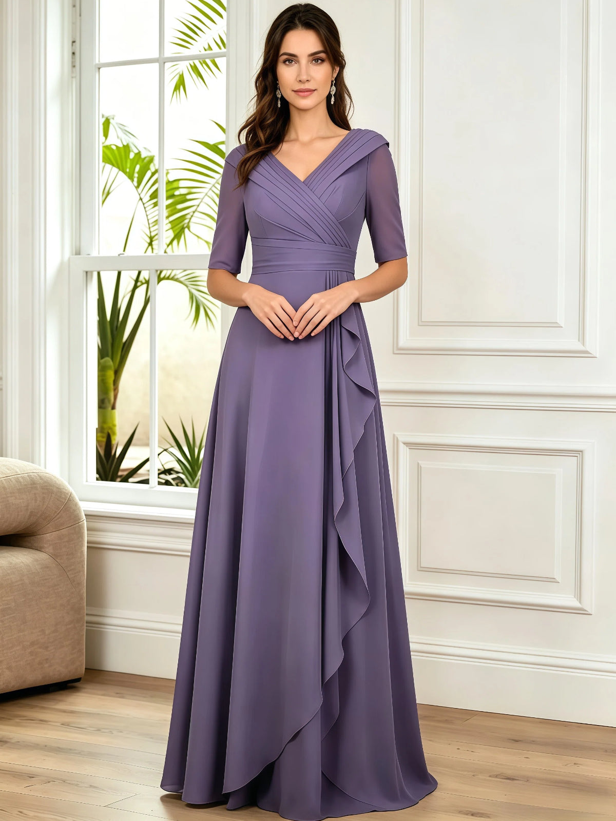 long V-neck chiffon mother of the bride dress with half sleeves, pleated bodice, and side ruffle shown in a formal wedding guest setting