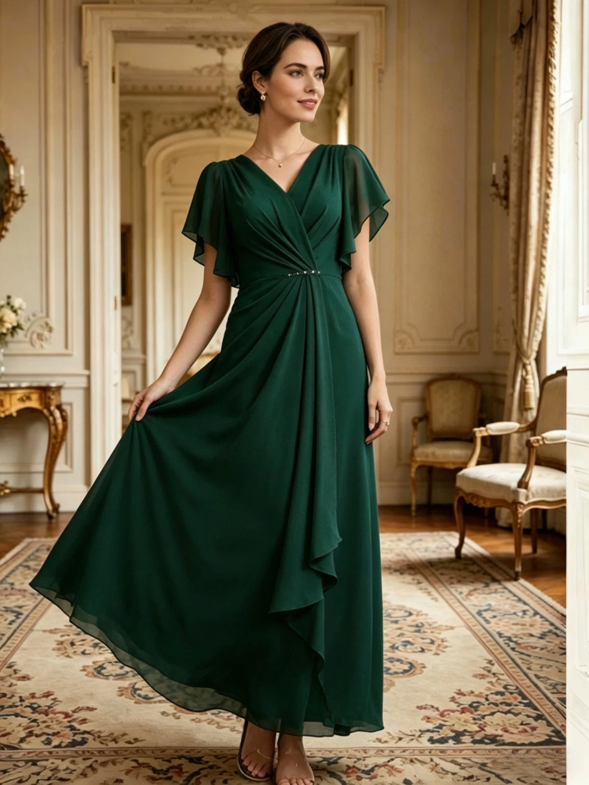 long chiffon mother of the bride A-line gown with V-neck, flutter sleeves, and beaded waist detail shown in a formal wedding guest setting