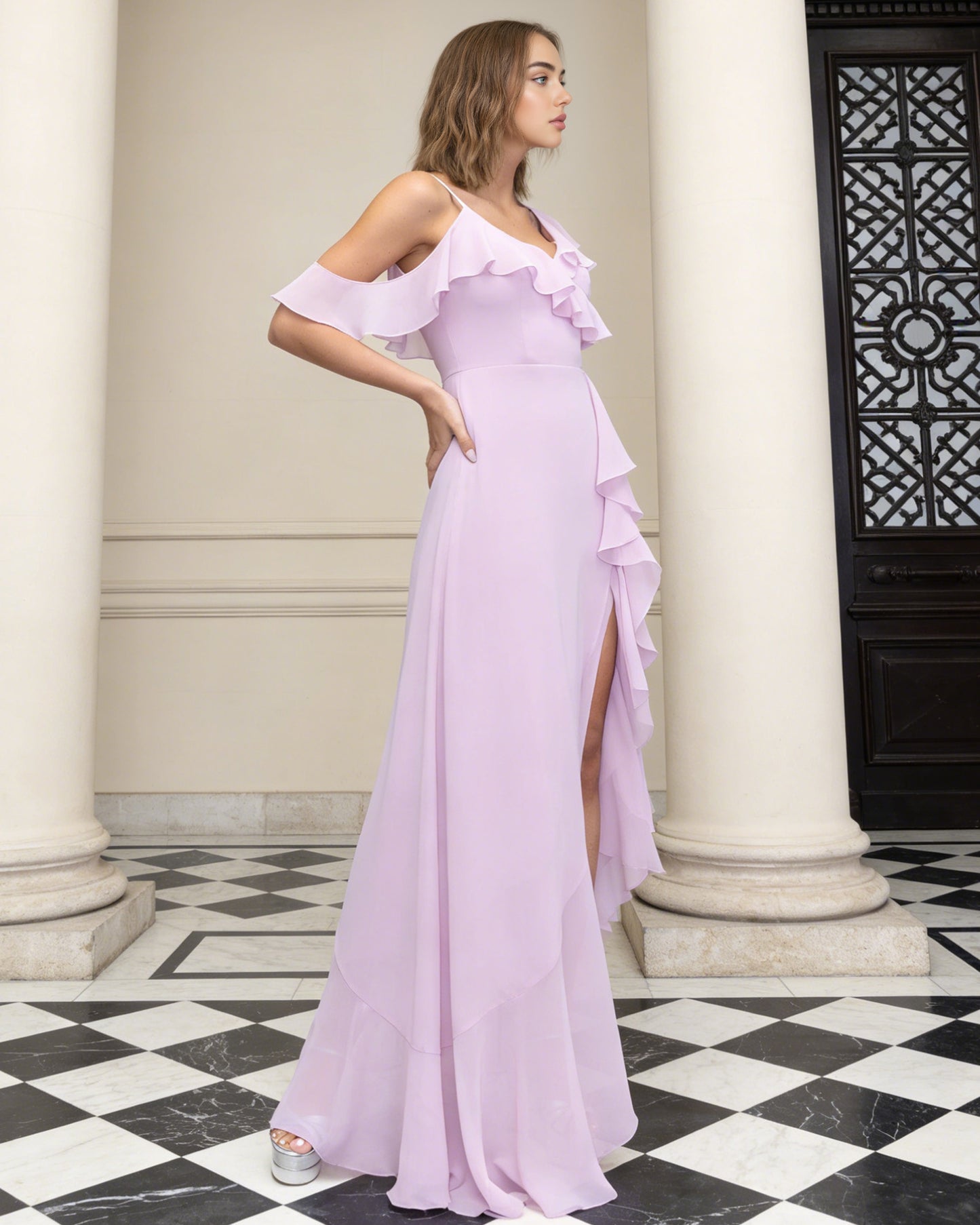 asymmetrical ruffle chiffon bridesmaid dress with high low slit - image 4
