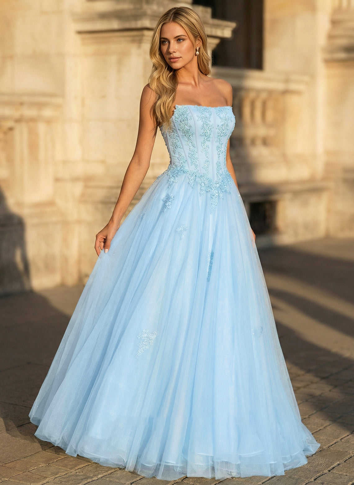 Strapless Corset Tulle Ball Gown Floral Lace Applique Prom Dress