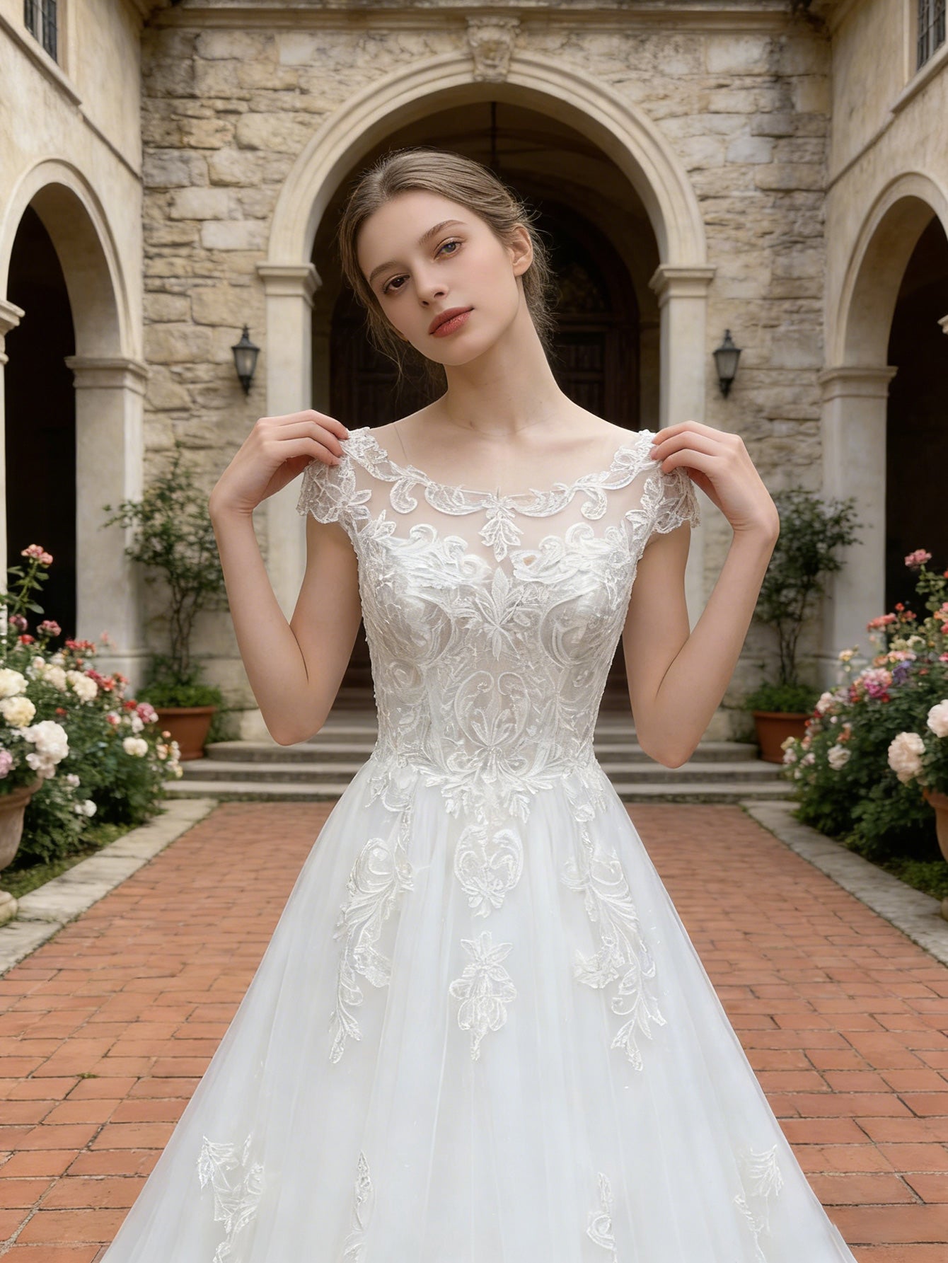 off shoulder lace A-line wedding dress with floral applique train - image 3