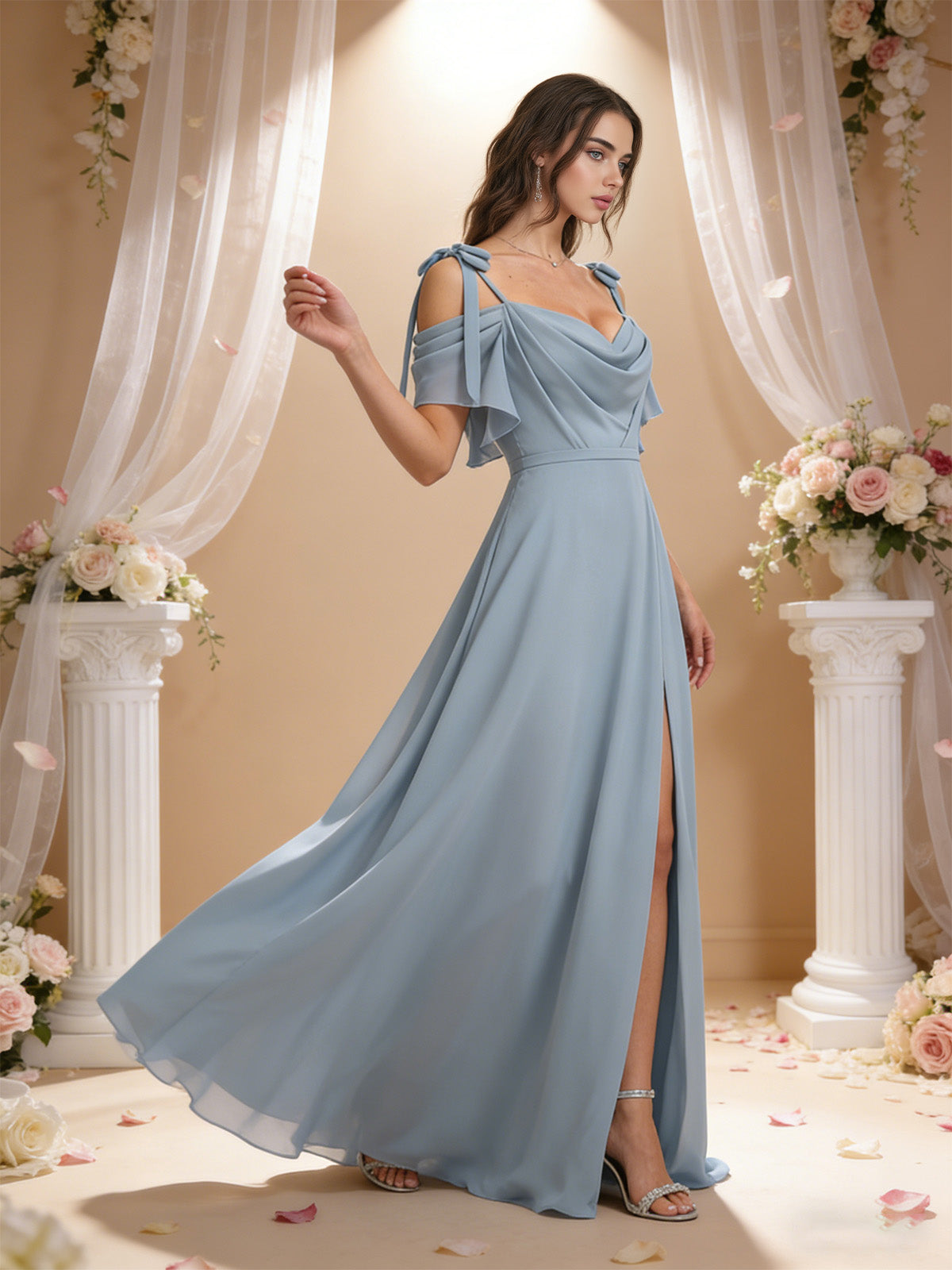 cowl neck cold shoulder bridesmaid dress with high slit chiffon skirt - image 3