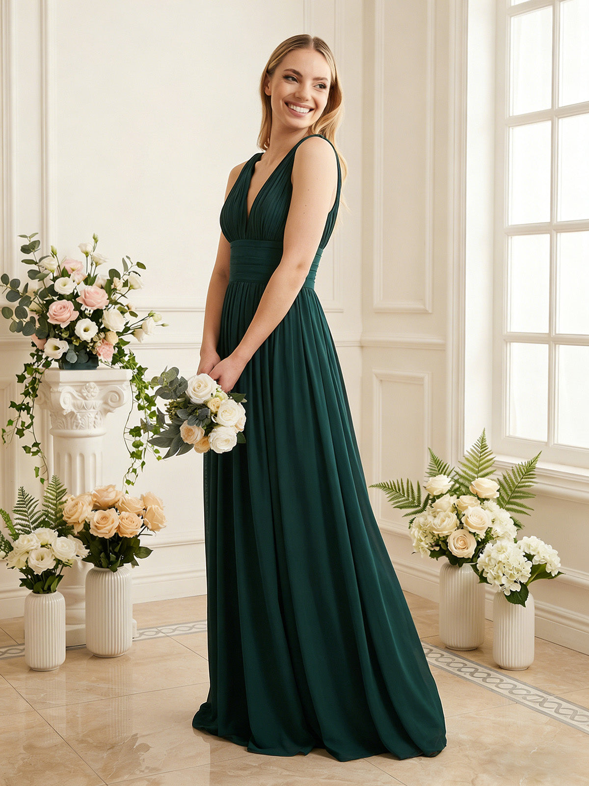 deep V-neck chiffon bridesmaid dress with pleated waist - image 3