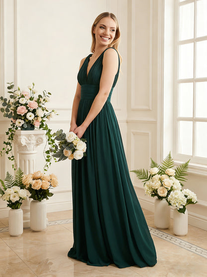 deep V-neck chiffon bridesmaid dress with pleated waist - image 3