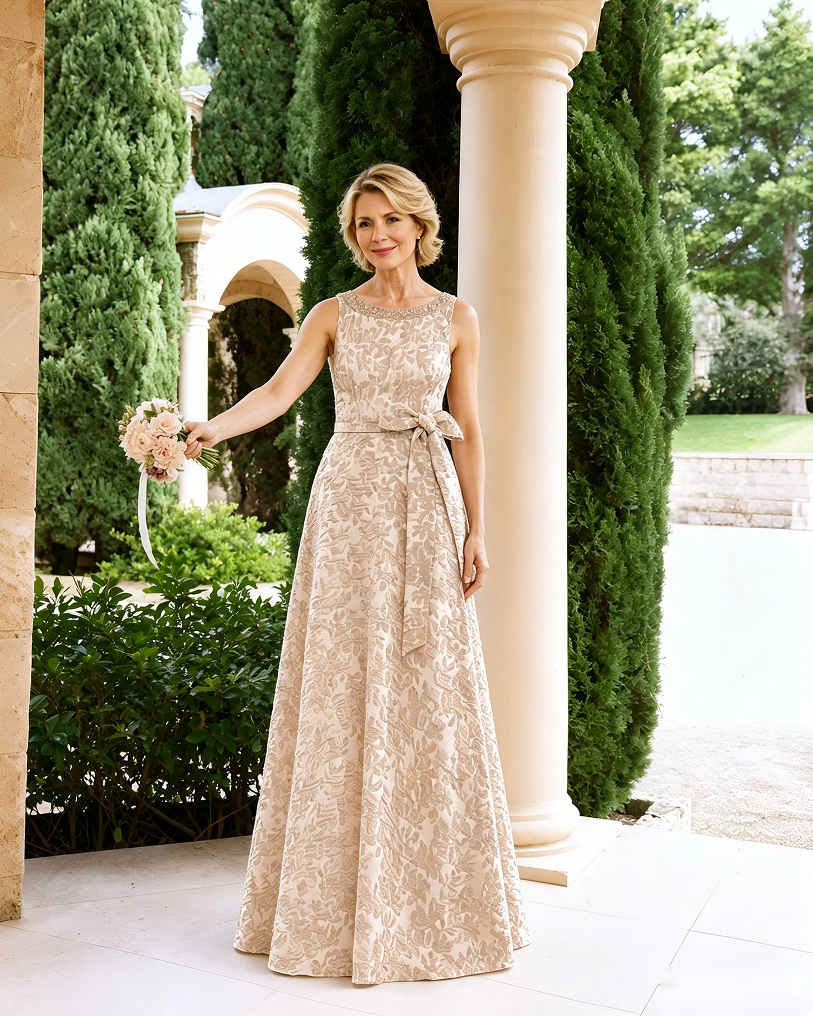 Sleeveless Lace A-Line Mother of the Bride Dress with Sash Bow - front bouquet view