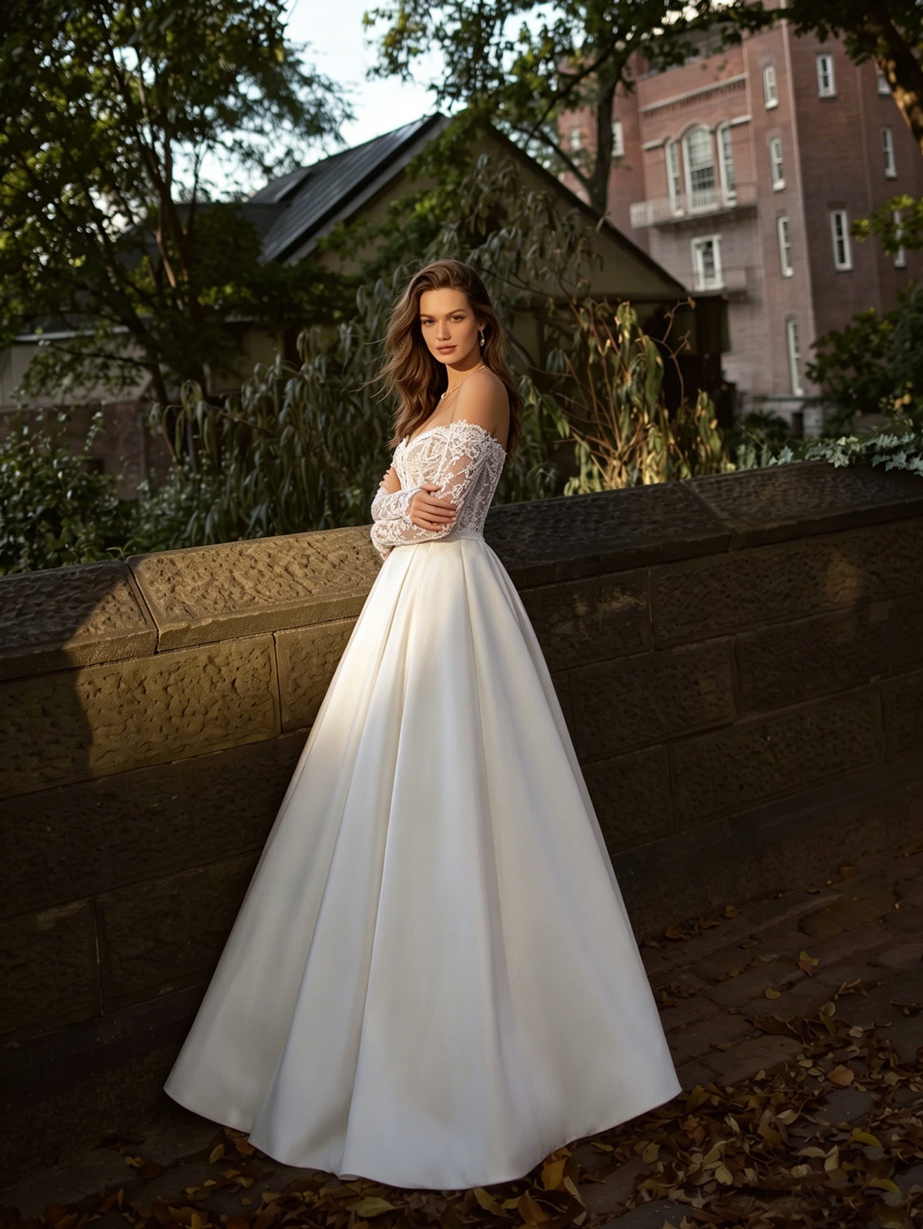 off shoulder lace ball gown wedding dress with long sleeve bodice - image 3