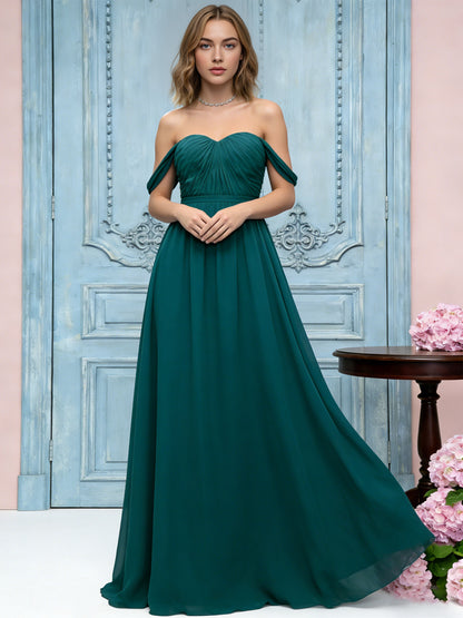 off shoulder sweetheart chiffon bridesmaid dress with ruched bodice - image 4