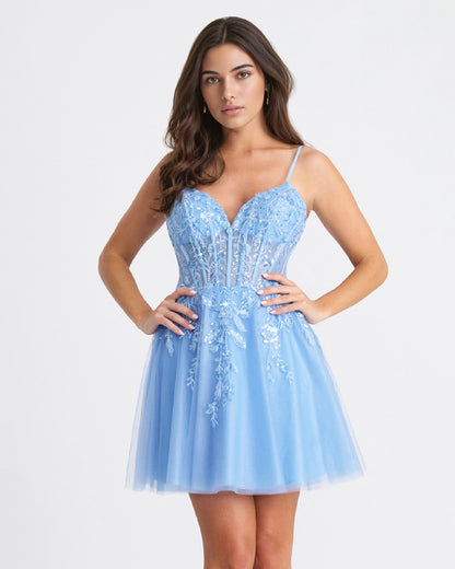 spaghetti strap floral lace tulle A-line homecoming dress - view 3