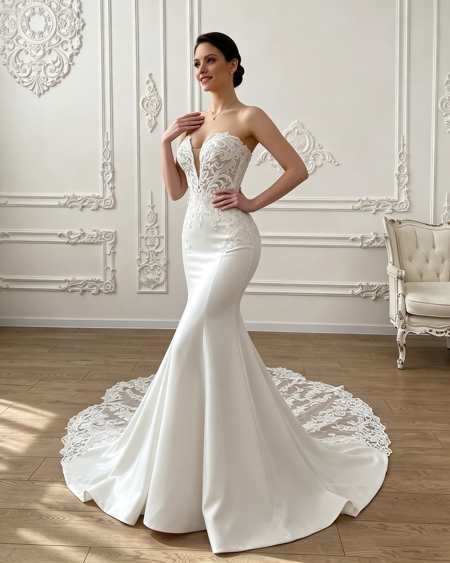 strapless lace mermaid wedding dress with corset bodice and chapel train - image 3