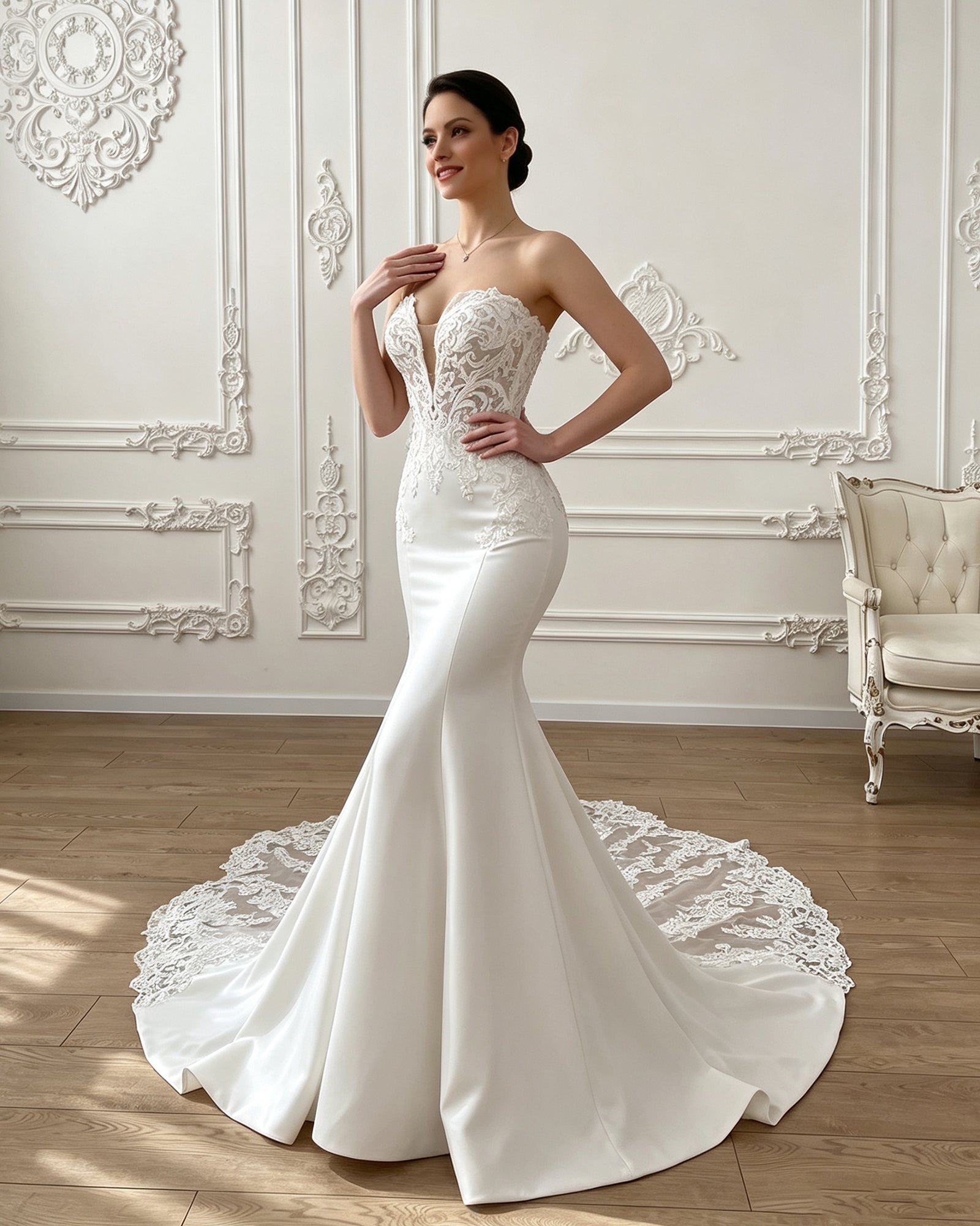 strapless lace mermaid wedding dress with corset bodice and chapel train - image 3