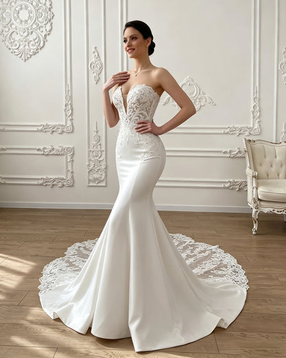 strapless lace mermaid wedding dress with corset bodice and chapel train - image 3