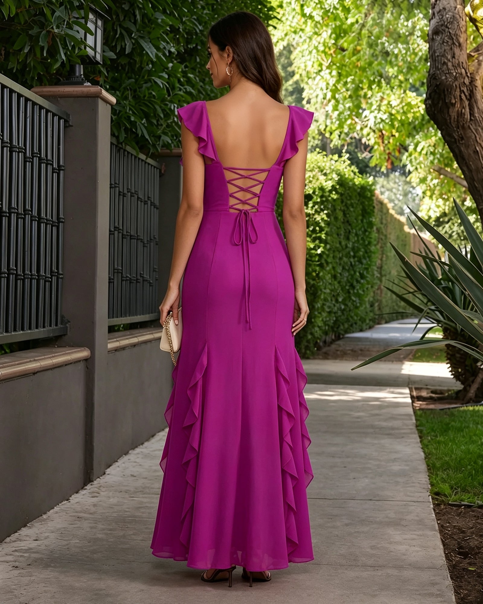 ruffle v-neck lace-up back chiffon formal dress with high slit - back view