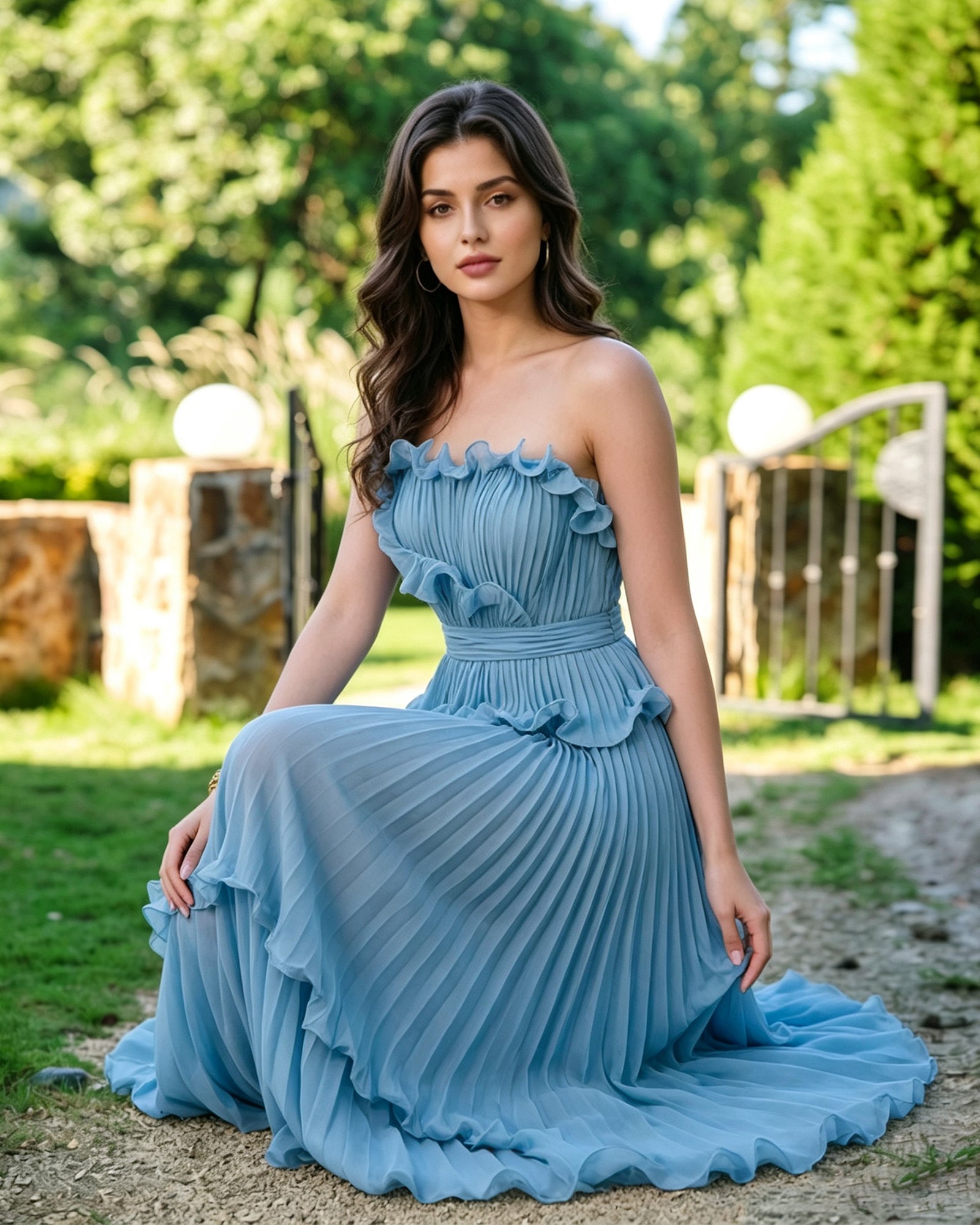 strapless ruffle pleated formal dress with tiered skirt - image 3