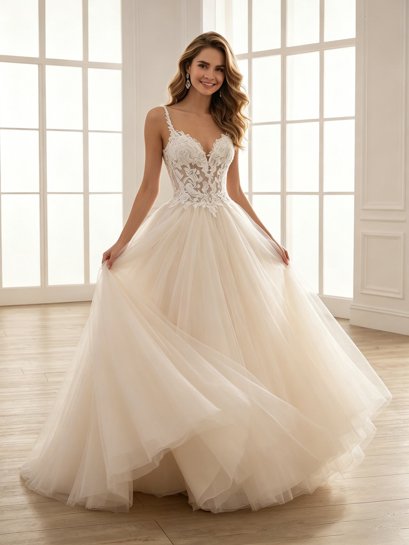 spaghetti strap lace tulle ball gown wedding dress with beaded bodice - image 3
