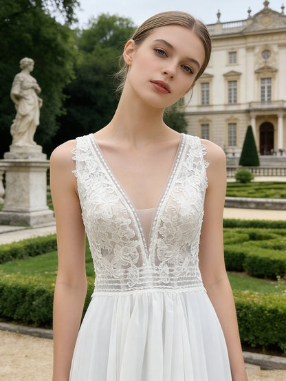 sleeveless V-neck lace tulle A-line wedding dress with illusion bodice - image 3