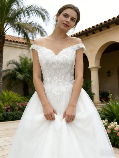 off shoulder lace tulle A-line wedding dress with sweetheart bodice - image 3