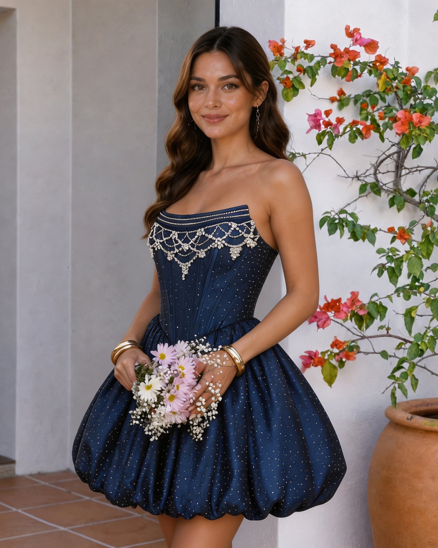 navy strapless beaded corset bubble hem homecoming dress - side view