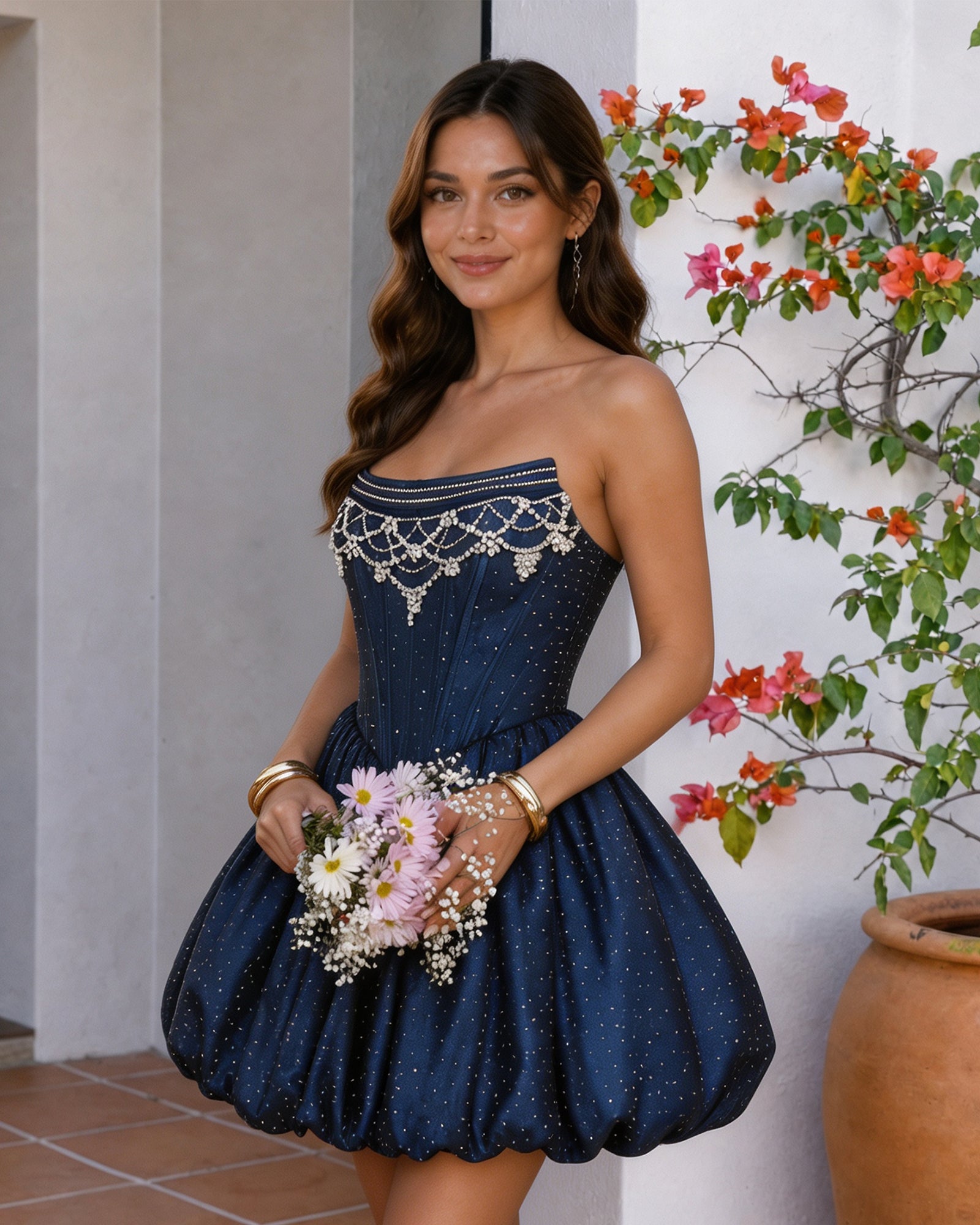 navy strapless beaded corset bubble hem homecoming dress - side view