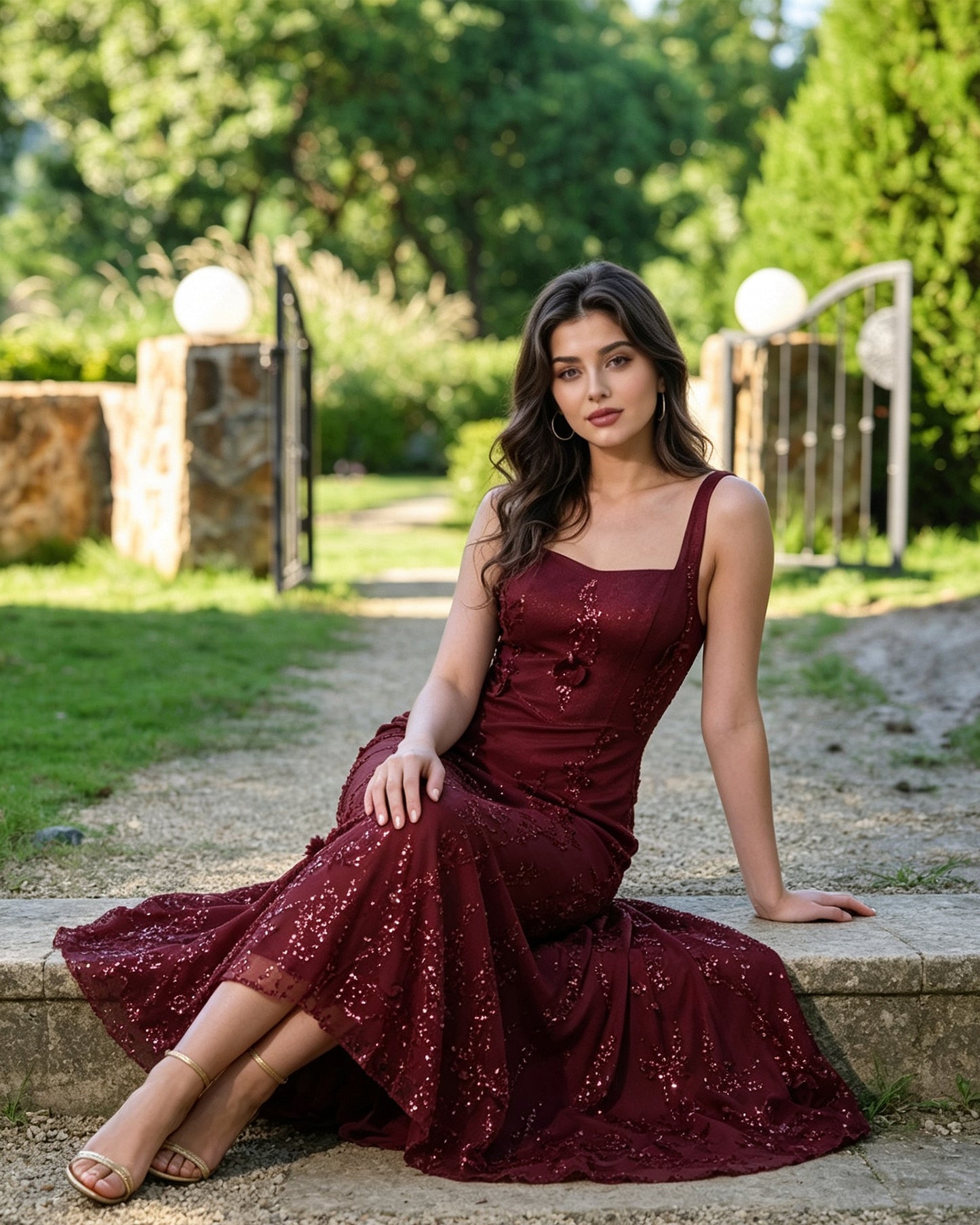 square neck sequin lace midi formal dress with floral applique - image 3