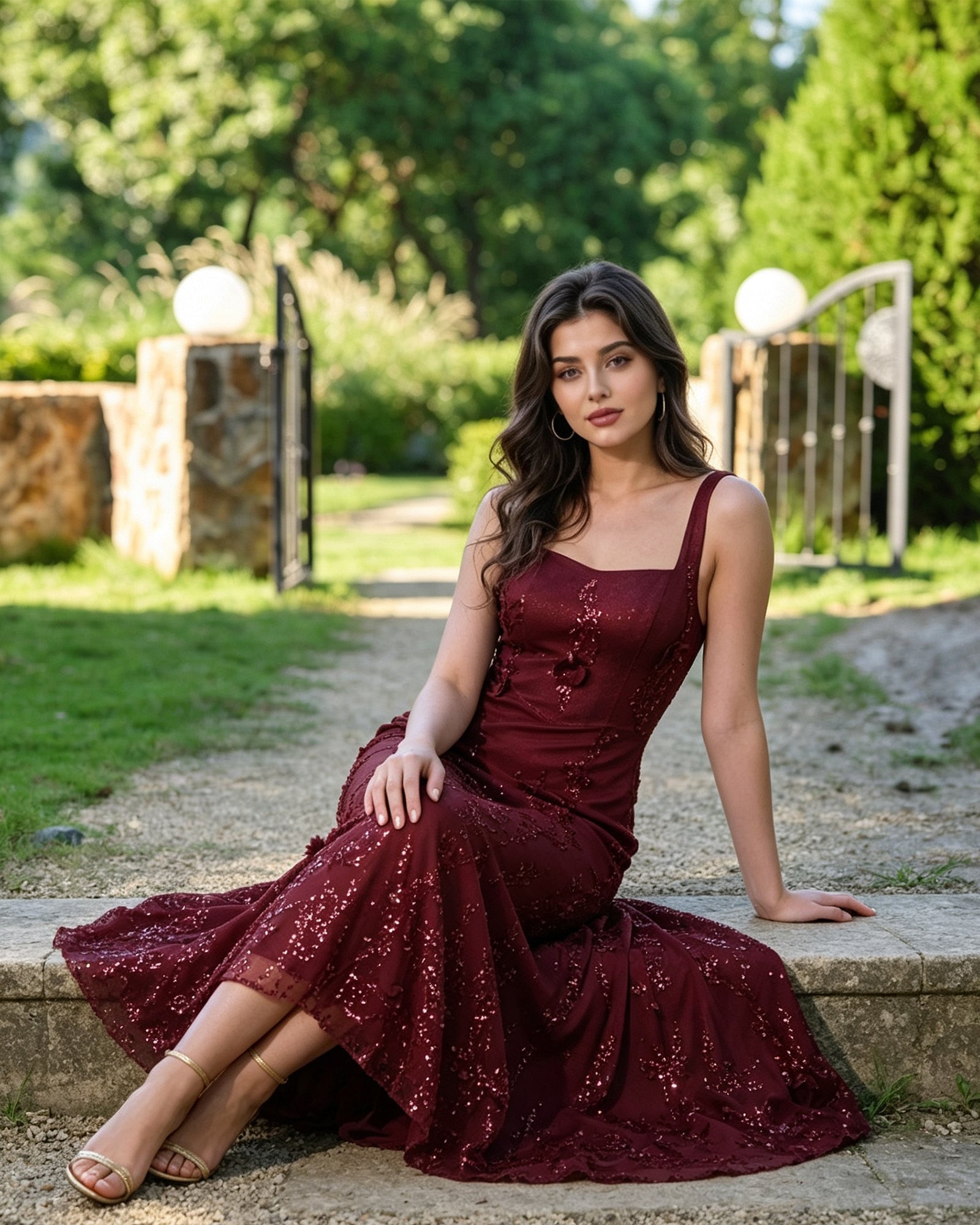 square neck sequin lace midi formal dress with floral applique - image 3