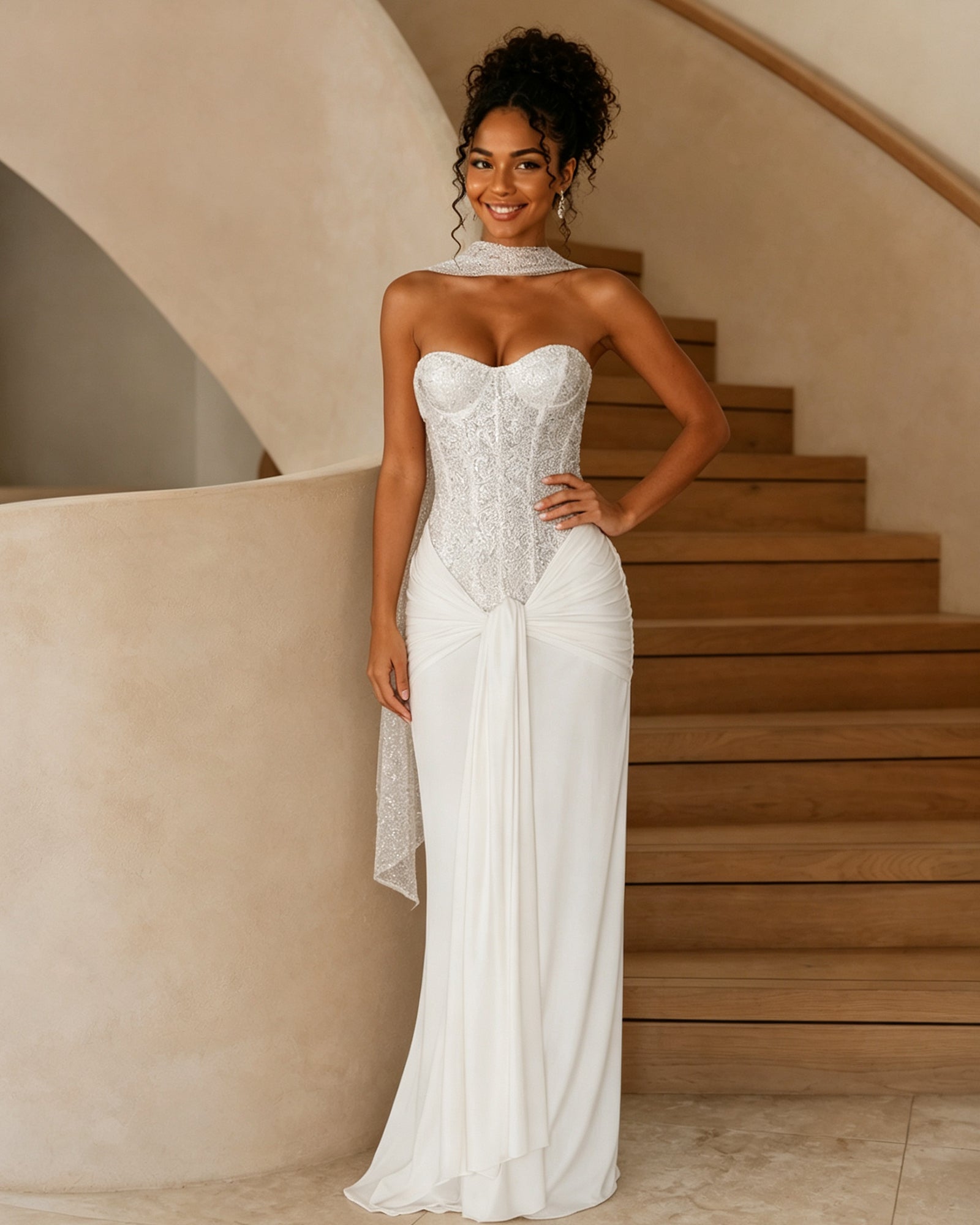 strapless sequin corset jersey prom dress with draped scarf detail - image 4