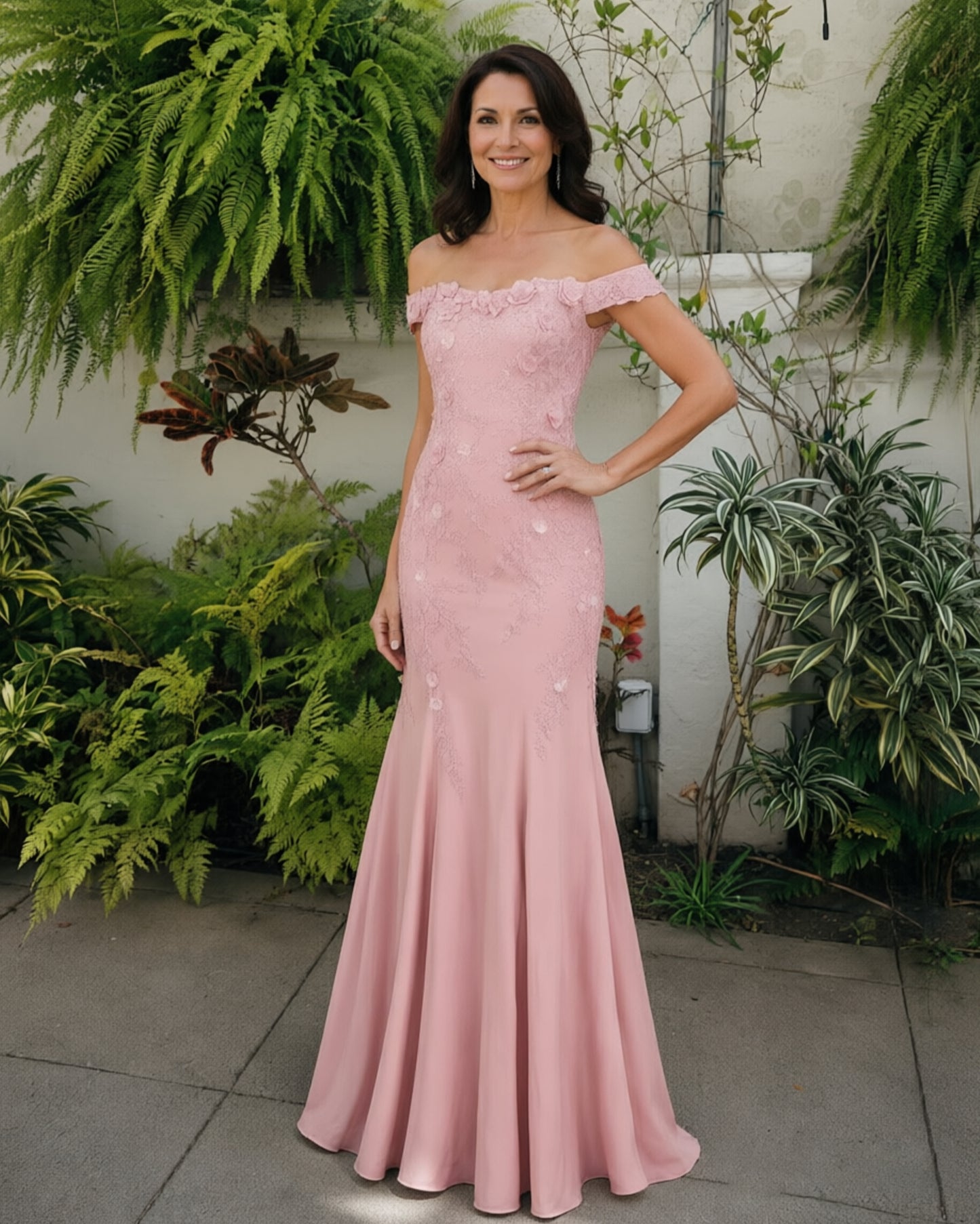Scalloped Off-Shoulder Lace Mermaid Mother of the Bride Dress - three-quarter pose showing mermaid shape