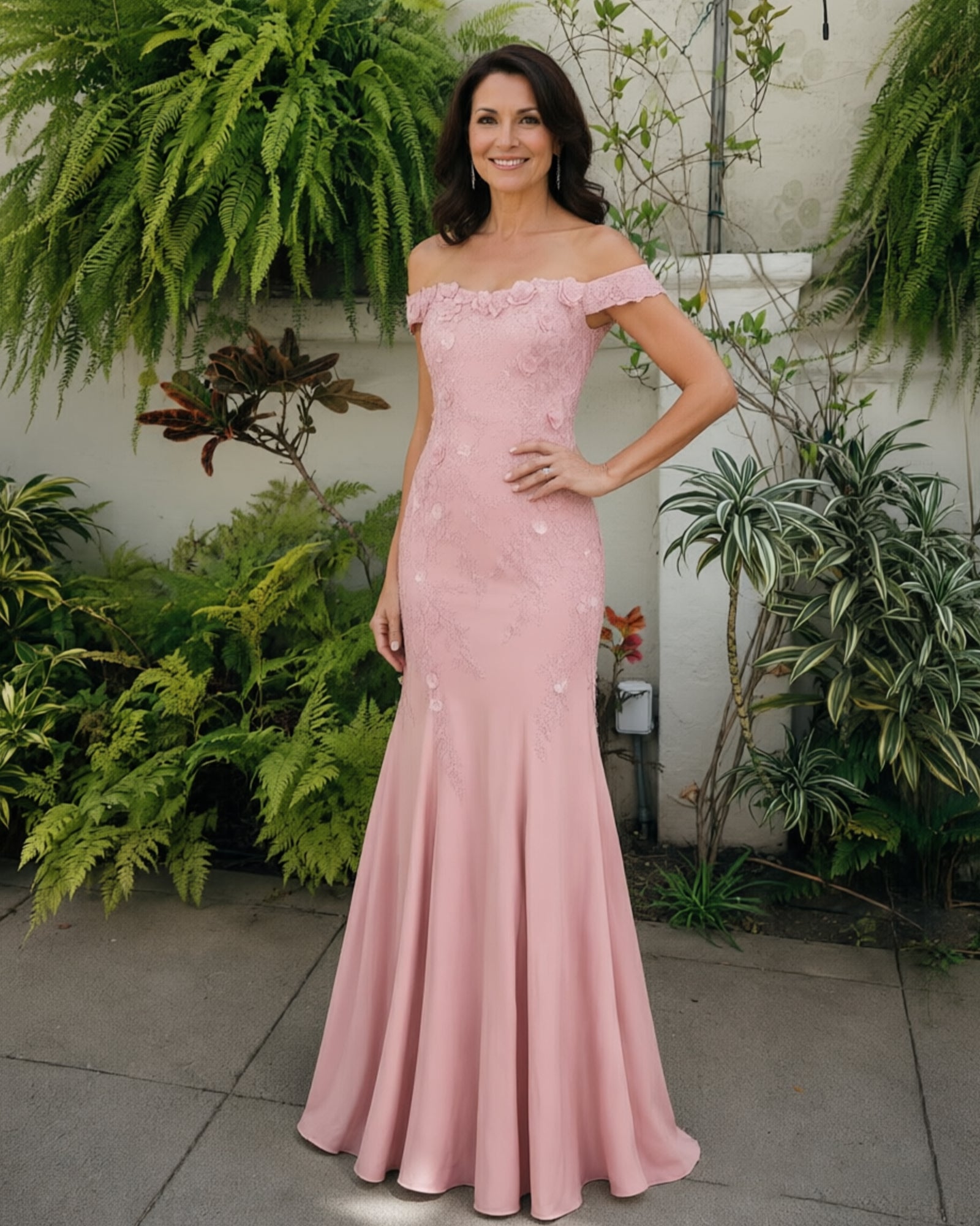 Scalloped Off-Shoulder Lace Mermaid Mother of the Bride Dress - three-quarter pose showing mermaid shape