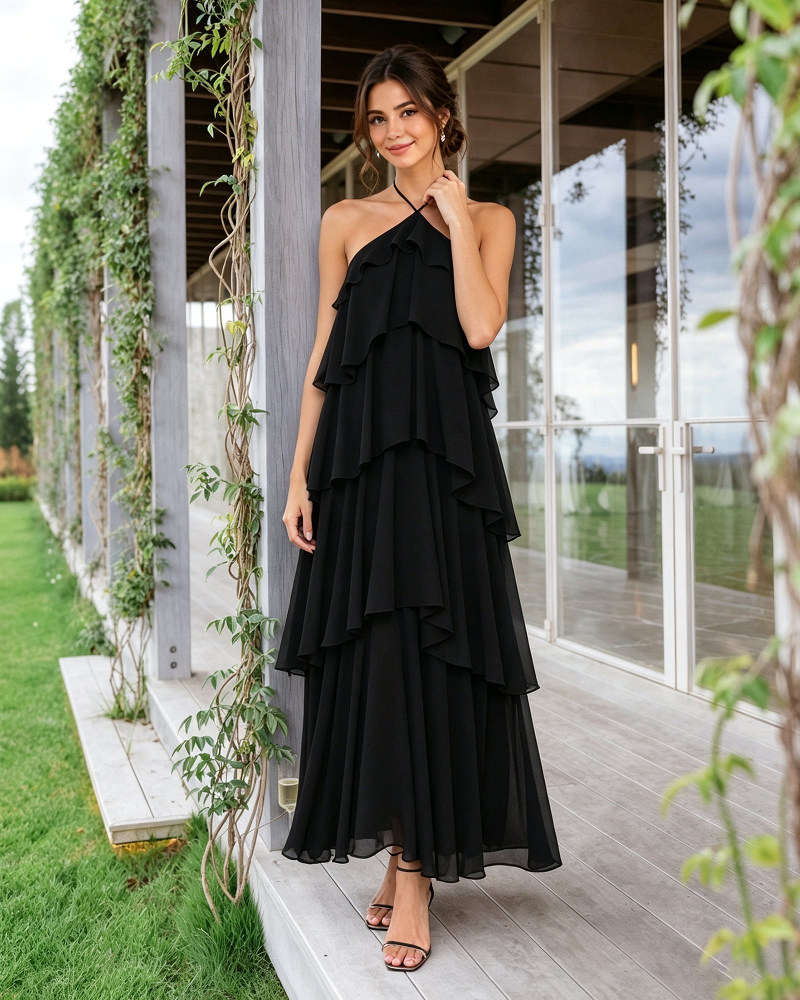 black halter neck tiered chiffon bridesmaid dress with ruffle overlay - image 3