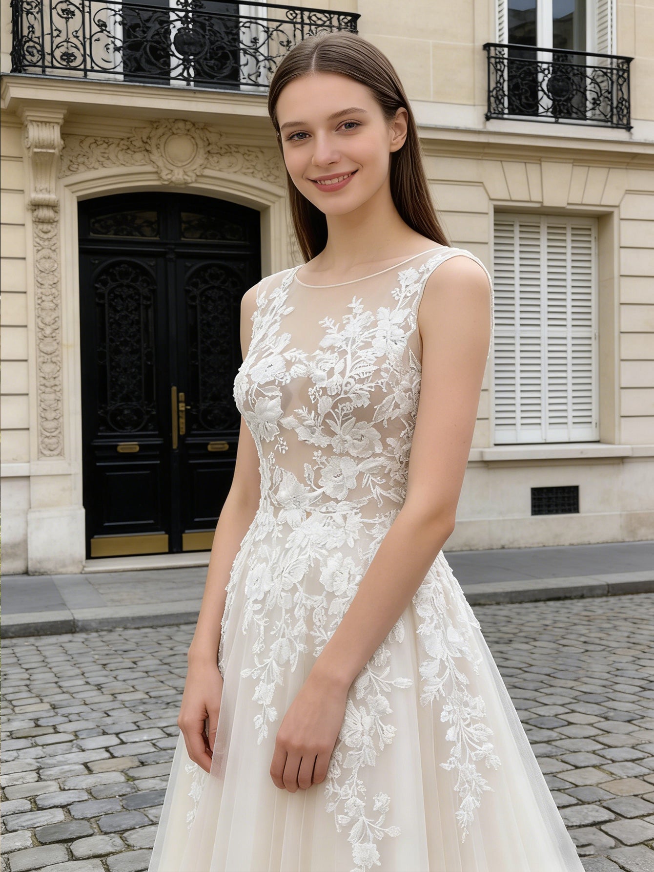 long sleeve lace A-line wedding dress with illusion neckline - image 3