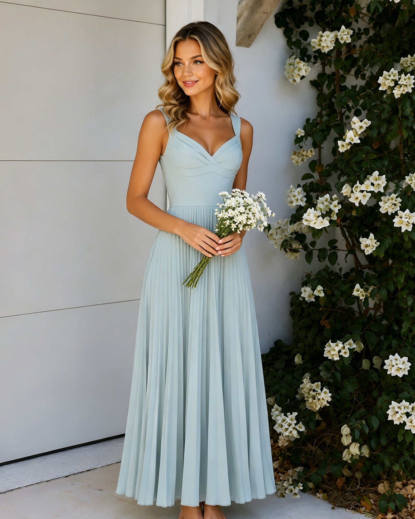 v-neck pleated chiffon a-line bridesmaid dress with bow-tie back - bridal party styling view