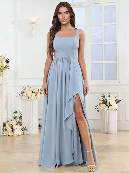 square neck chiffon bridesmaid dress with corset back and slit - image 3