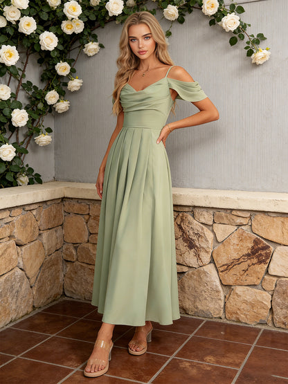 off shoulder midi bridesmaid dress with pleated bodice and flowing dress - image 4