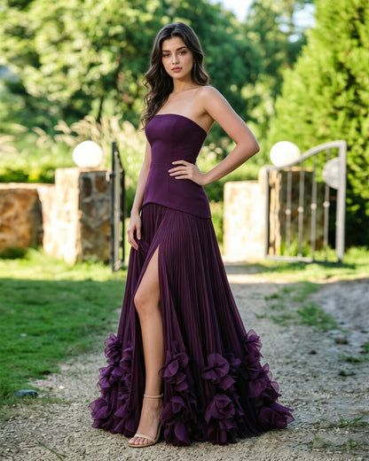 strapless floral hem formal dress with pleated slit dress - image 3