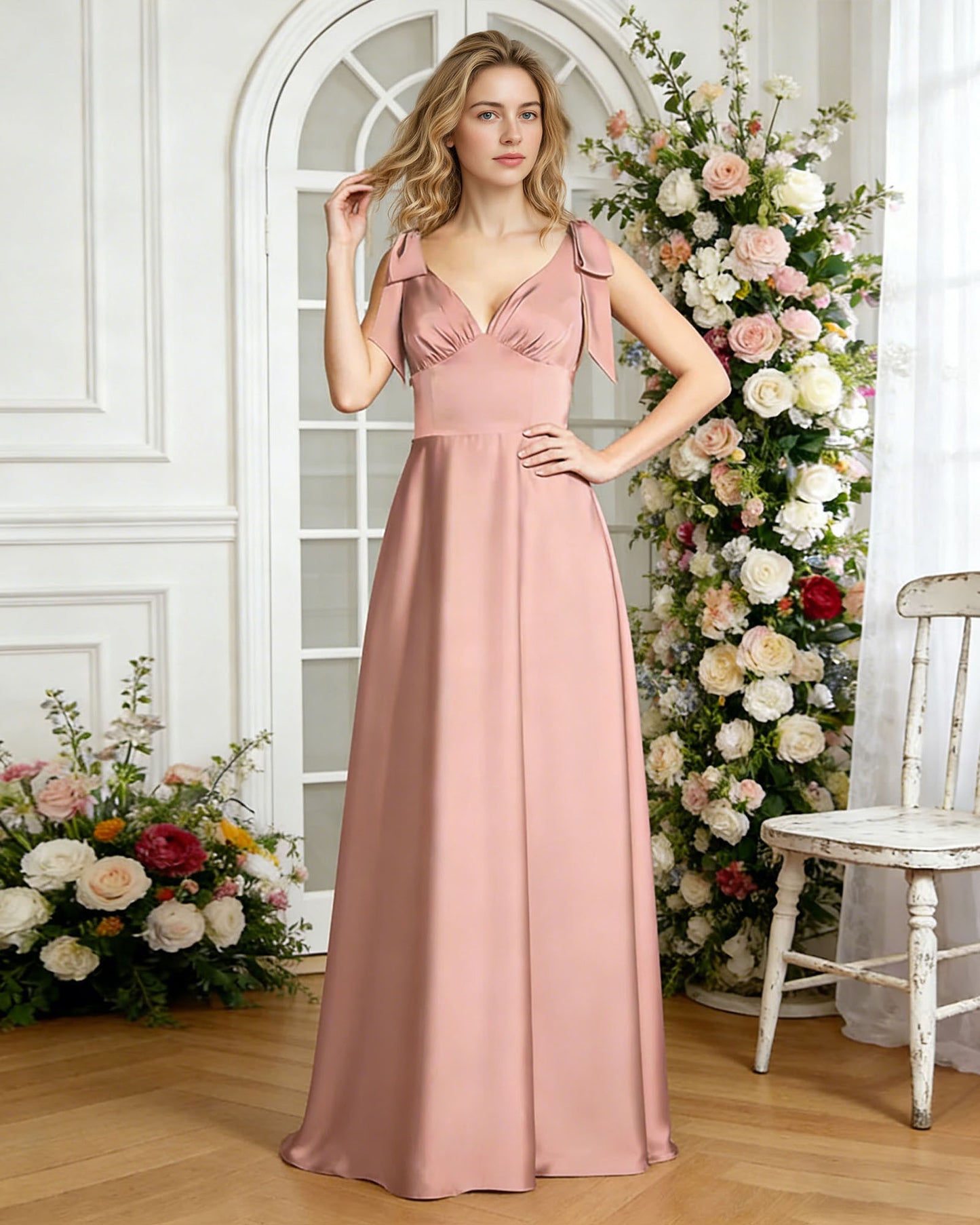 V-neck bow strap satin bridesmaid dress with empire waist - image 3