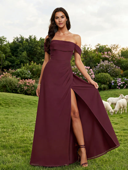 off shoulder crepe bridesmaid dress with foldover neckline and slit - image 3