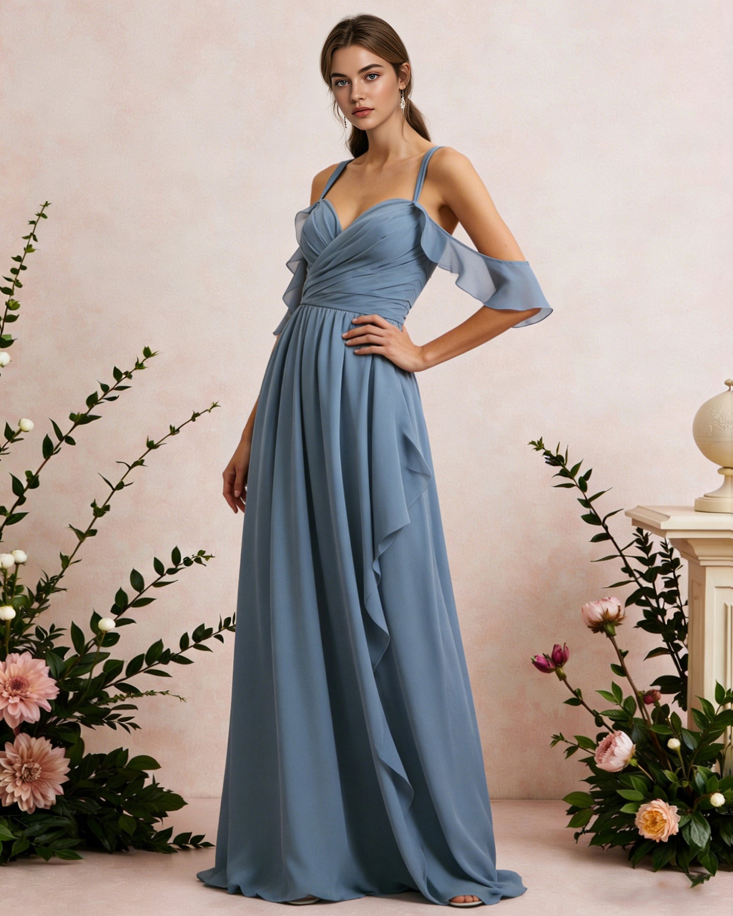 cold shoulder chiffon bridesmaid dress with draped V-neck bodice - image 3