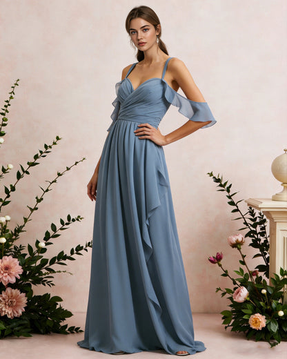 cold shoulder chiffon bridesmaid dress with draped V-neck bodice - image 3